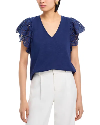 Ramy Brook Diana Top In Sping Navy Slub Eyelet