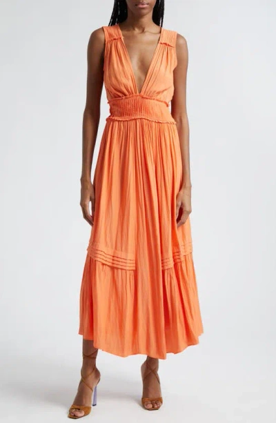 Ramy Brook Dierdre Pleated Sleeveless Plunge Neck Dress In Tropic Orange