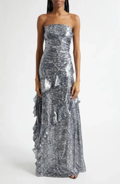 Ramy Brook Dominika Metallic Abstract Print Strapless Silk Blend Gwon In Silver