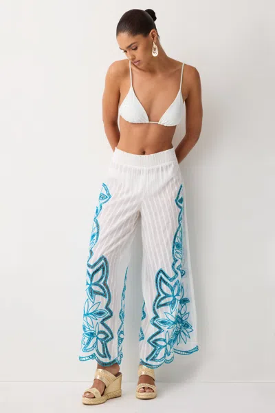 Ramy Brook Donella Embroidered Cotton Coverup Pant In White/blue