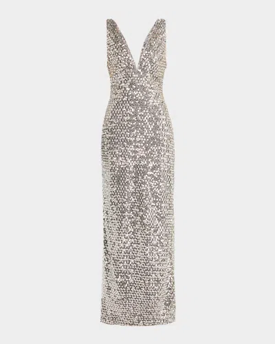 Ramy Brook Ellie Deep V-neck Bead & Sequin Column Gown In Gray