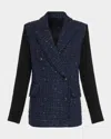 Ramy Brook Elsa Tweed Knit Combo Double Breasted Tweed Blazer In Blue