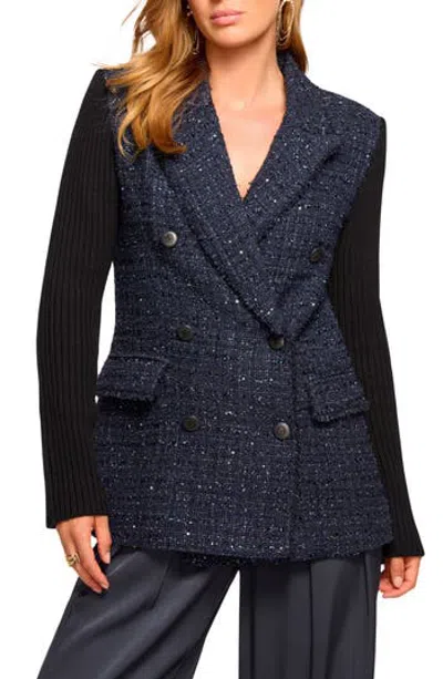 Ramy Brook Elsa Rib Sleeve Double Breasted Tweed Blazer In Navy Tweed