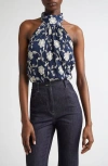 Ramy Brook Emerie Embroidered Halter Neck Top In Spring Navy Lily