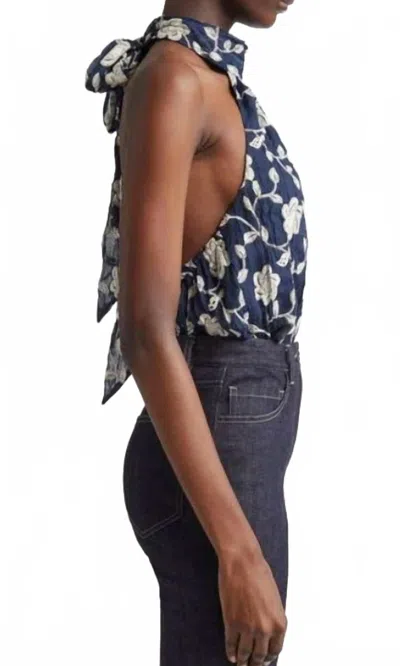 Ramy Brook Emerie Lily Embroidered Halter In Spring Navy In Blue