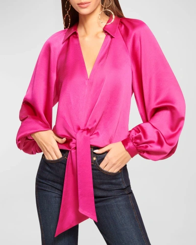 Ramy Brook Emily Satin Puff-sleeve Blouse In Wild Rose