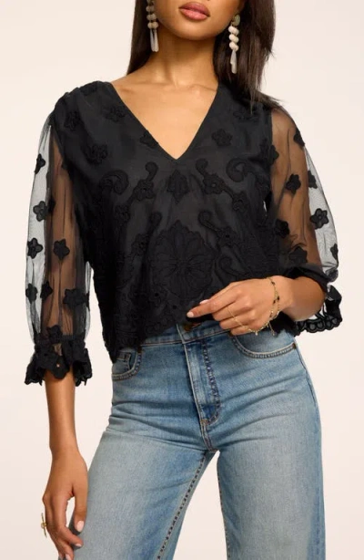 Ramy Brook Esmeralda Floral Embroider V-neck Shirt In Black