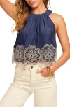 Ramy Brook Estella Embroidered Crop Tank In Spring Navy