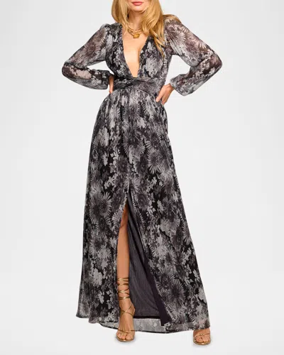 Ramy Brook Estelle Long Sleeve V-neck Dress In Grey Floral