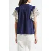 Ramy Brook Esti Embroidered Sleeve Top In Spring Navy