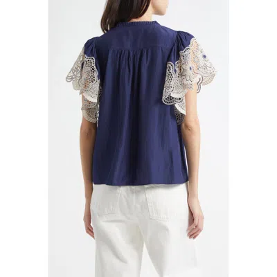 Ramy Brook Esti Embroidered Sleeve Top In Spring Navy