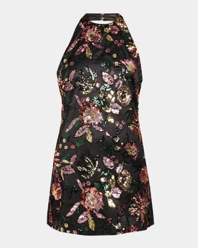 Ramy Brook Eva Floral Sequined Halterneck Mini Dress In Black