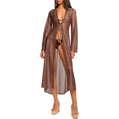 Ramy Brook Fatima Metallic Long Sleeve Sheer Cover-up Maxi Dress In Brown