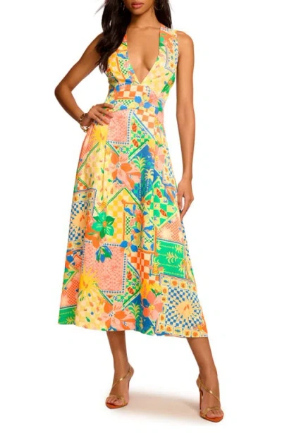Ramy Brook Felicity Plunging Sleeveless Midi Dress In Garden Print In Multi