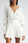 Ramy Brook Flora Long Sleeve Linen Top In White Embroidered Boho Linen