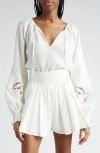 Ramy Brook Flora Long Sleeve Linen Top In White Embroidered Boho Linen