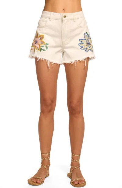 Ramy Brook Floral Embroidery Denim Cutoff Shorts In Neutral