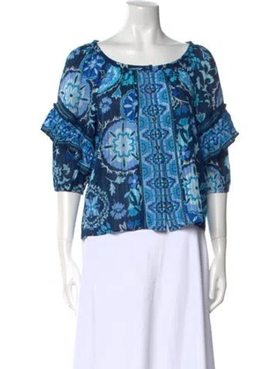 Pre-owned Ramy Brook Floral Print Bateau Neckline Blouse In Blue