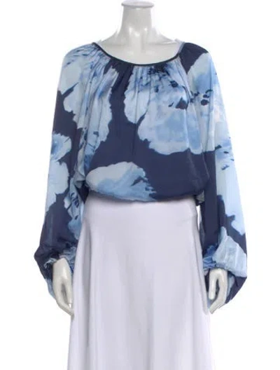 Pre-owned Ramy Brook Floral Print Crew Neck Blouse In Blue