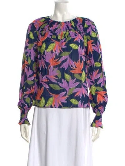 Pre-owned Ramy Brook Floral Print Crew Neck Blouse W/ Tags In Purple