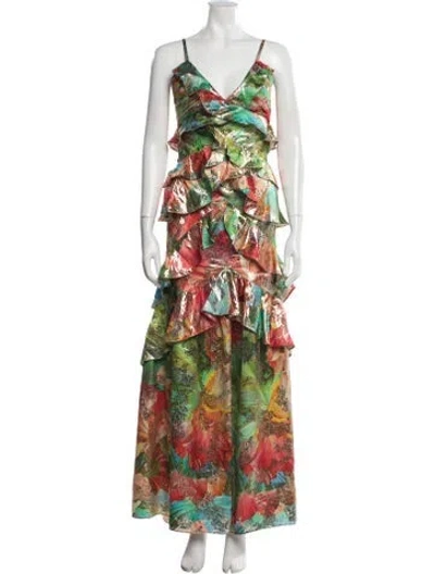 Pre-owned Ramy Brook Floral Print Long Dress In Green