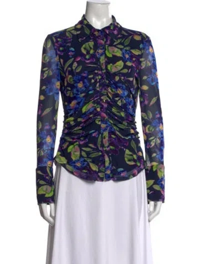 Pre-owned Ramy Brook Floral Print Long Sleeve Blouse In Blue