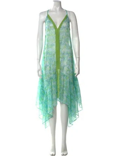 Pre-owned Ramy Brook Floral Print Midi Length Dress In Green