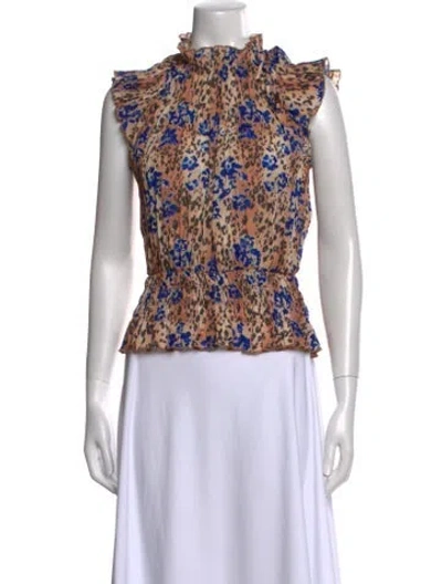 Pre-owned Ramy Brook Floral Print Mock Neck Blouse In Neutral