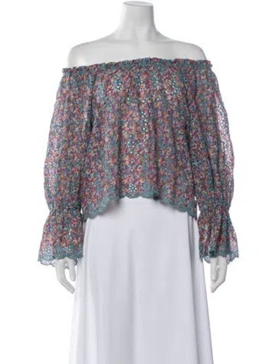 Pre-owned Ramy Brook Floral Print Off-the-shoulder Blouse In Blue