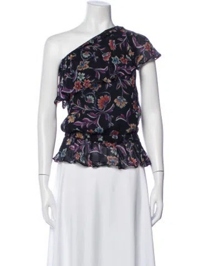 Pre-owned Ramy Brook Floral Print One-shoulder Blouse In Black