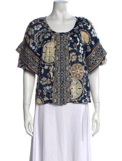 Pre-owned Ramy Brook Floral Print Scoop Neck Blouse In Blue