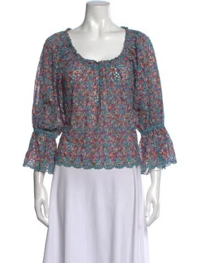 Pre-owned Ramy Brook Floral Print Scoop Neck Blouse In Blue