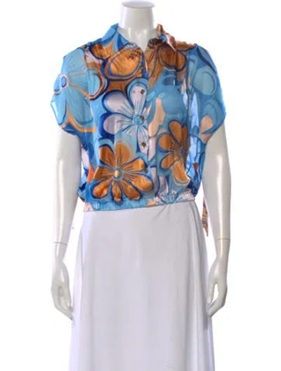 Pre-owned Ramy Brook Floral Print Short Sleeve Blouse In Blue