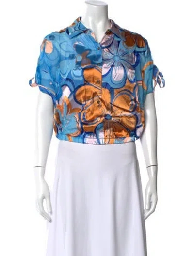 Pre-owned Ramy Brook Floral Print Short Sleeve Blouse In Blue