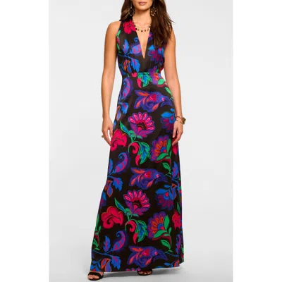 Ramy Brook Floral Print Sleeveless Gown In Black Multi Floral