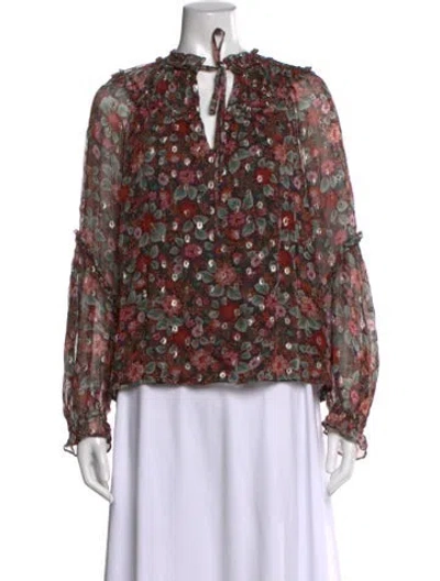 Pre-owned Ramy Brook Floral Print Tie Neck Blouse In Black