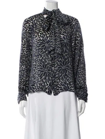 Pre-owned Ramy Brook Floral Print Tie Neck Blouse In Blue