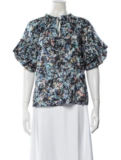 Pre-owned Ramy Brook Floral Print Tie Neck Blouse In Blue