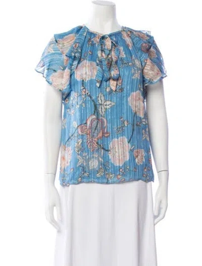 Pre-owned Ramy Brook Floral Print Tie Neck Blouse In Blue