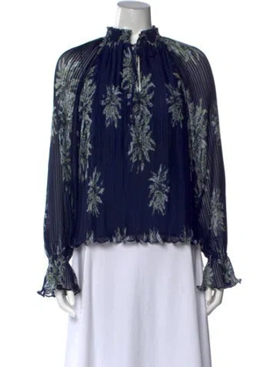 Pre-owned Ramy Brook Floral Print Tie Neck Blouse In Blue