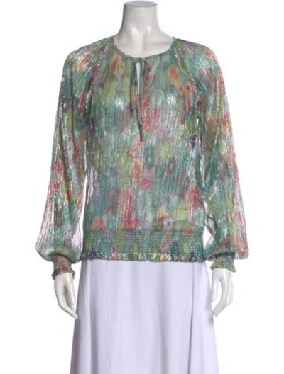 Pre-owned Ramy Brook Floral Print Tie Neck Blouse In Green