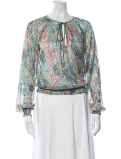 Pre-owned Ramy Brook Floral Print Tie Neck Blouse In Green