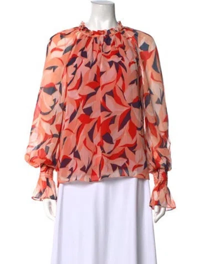 Pre-owned Ramy Brook Floral Print Tie Neck Blouse In Orange