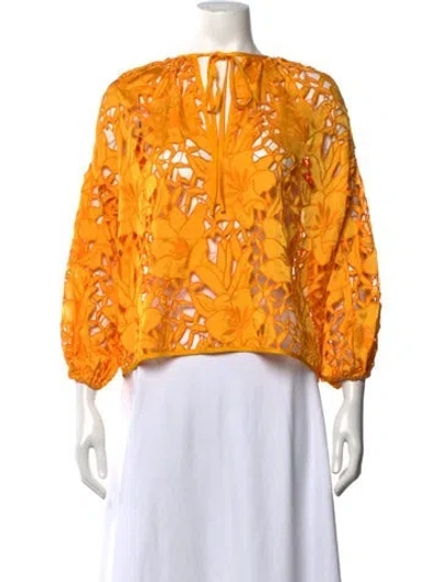 Pre-owned Ramy Brook Floral Print Tie Neck Blouse In Orange