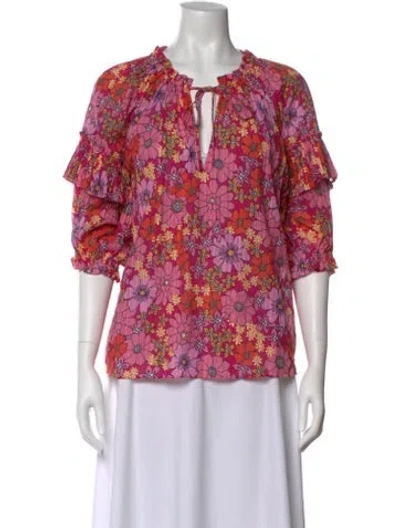 Pre-owned Ramy Brook Floral Print Tie Neck Blouse In Pink