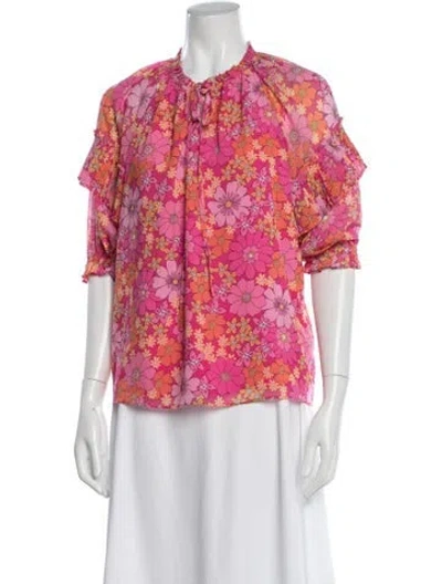 Pre-owned Ramy Brook Floral Print Tie Neck Blouse In Pink