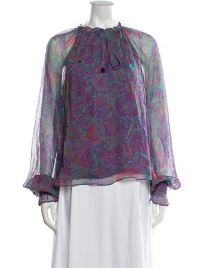 Pre-owned Ramy Brook Floral Print Tie Neck Blouse In Purple