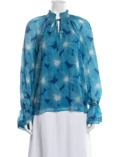 Pre-owned Ramy Brook Floral Print Tie Neck Blouse W/ Tags In Blue