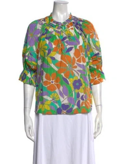 Pre-owned Ramy Brook Floral Print Tie Neck Blouse W/ Tags In Blue/orange