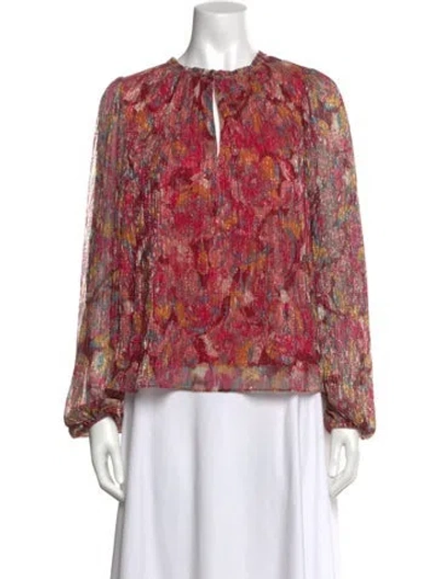 Pre-owned Ramy Brook Floral Print Tie Neck Blouse W/ Tags In Red